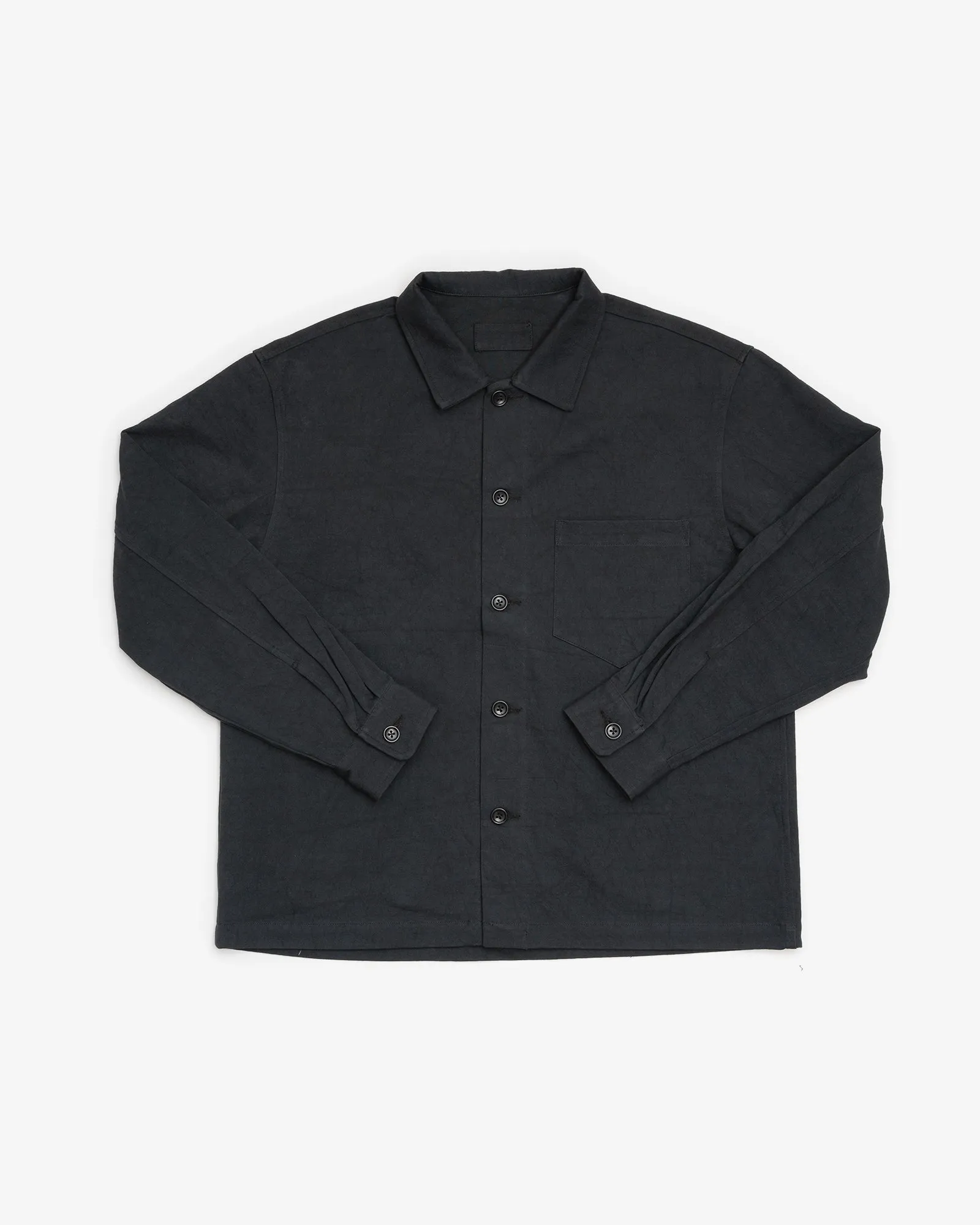 TRAVAIL SHIRT - BLACK DRUM DYED BACK SATIN sold by James Coward