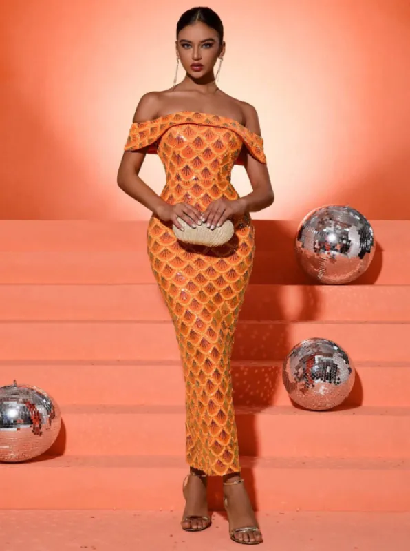 AMELIA OFF SHOULDER SEQUIN DRESS - ORANGE sold by hitheredarling