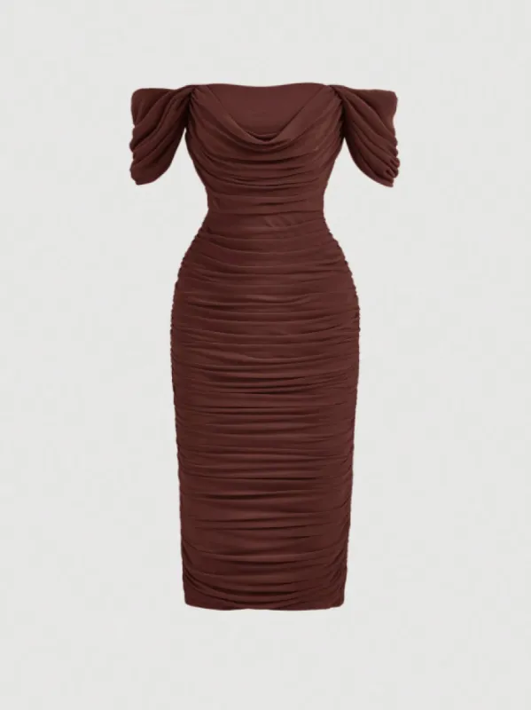 BROOKE OFF SHOULDER DRESS - BROWN sold by hitheredarling