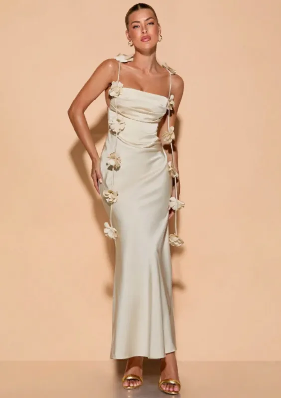 LANEY SATIN FLORAL DRESS - CHAMPAGNE sold by hitheredarling