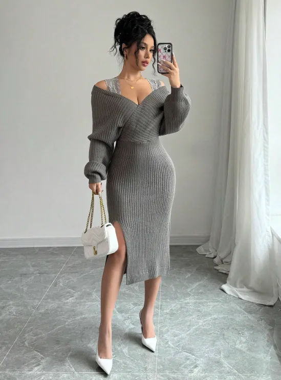 TYRA LACE SWEATER DRESS-GREY sold by hitheredarling