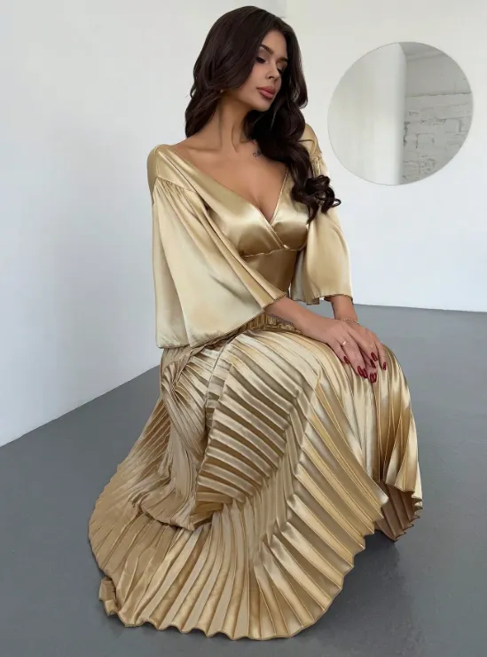 KARA PLEATED MAXI DRESS-GOLD sold by hitheredarling