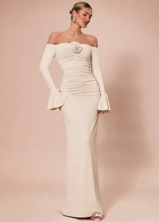 KARLA OFF-SHOULDER MAXI DRESS-APRICOT sold by hitheredarling