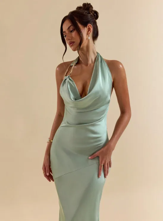 STEP SATIN MAXI DRESS-MINT GREEN sold by hitheredarling