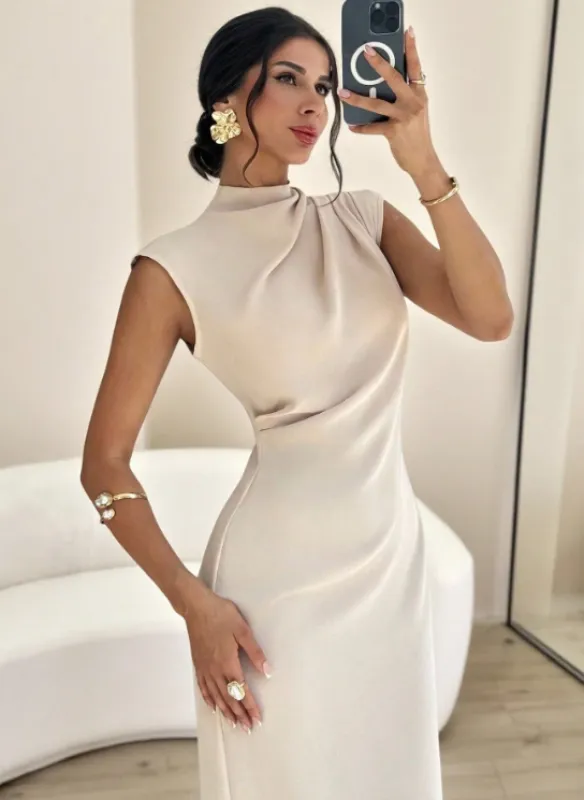 SHIRLEY COLLAR DRAPE DRESS-BEIGE sold by hitheredarling