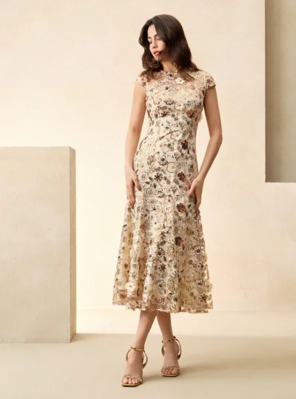 MAEVA CHAMPAGNE SEQUIN MIDI DRESS sold by hitheredarling