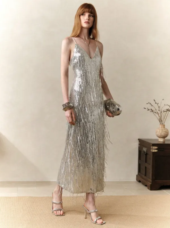 PHOBIE SEQUIN TASSEL DRESS-SILVER sold by hitheredarling
