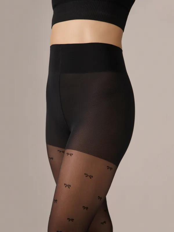 Micro Bow Pattern Smoothing Waistband Tights in Black made by From Rachel