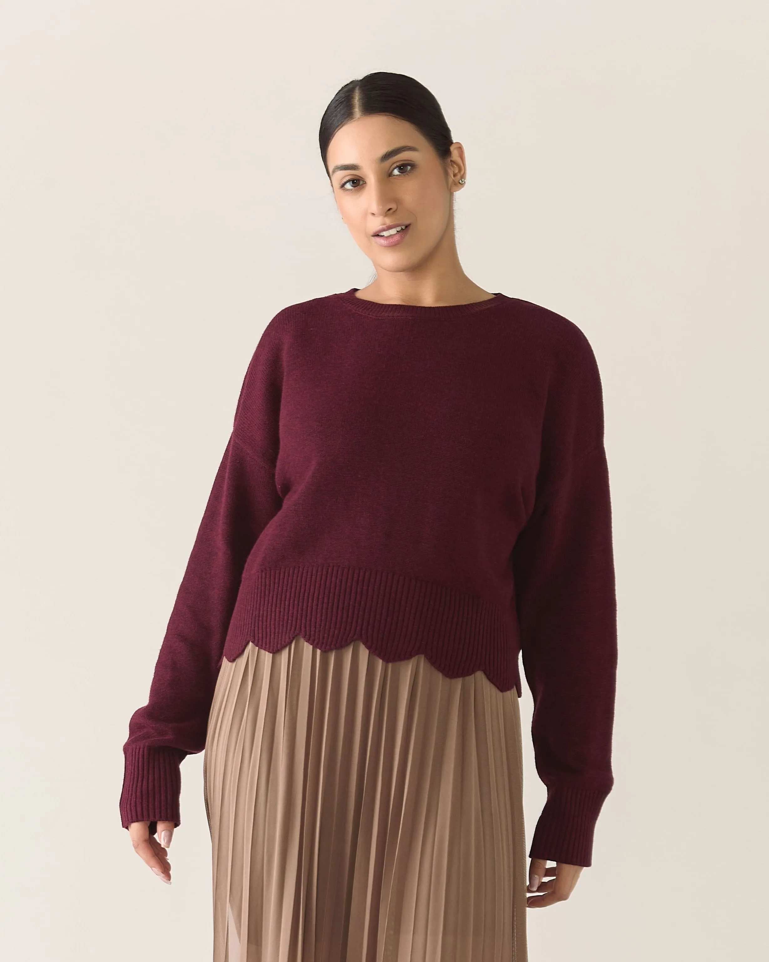 Scalloped Responsible Merino Sweater in Zinfandel sold by From Rachel