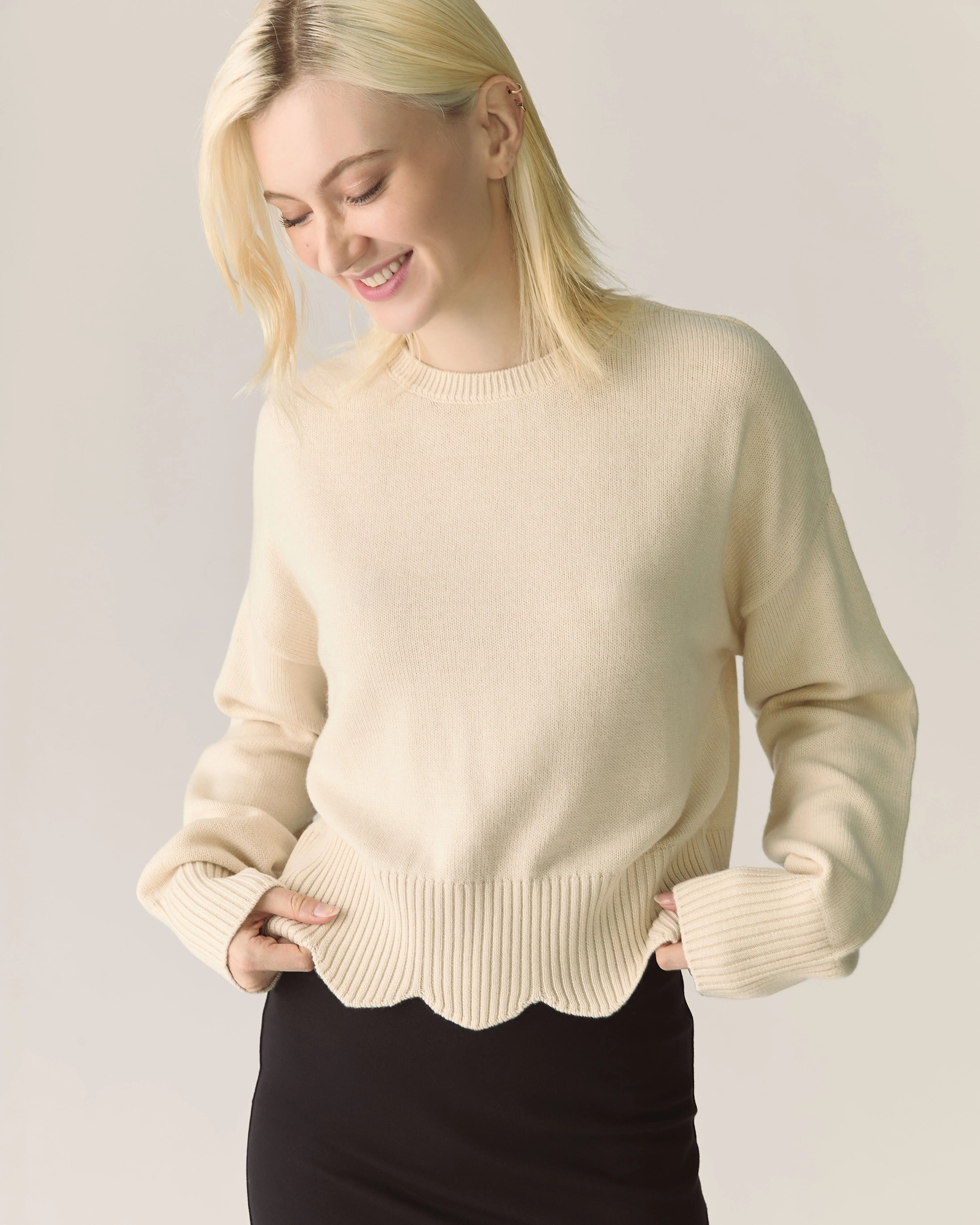 Scalloped Responsible Merino Sweater in Whipped cream sold by From Rachel