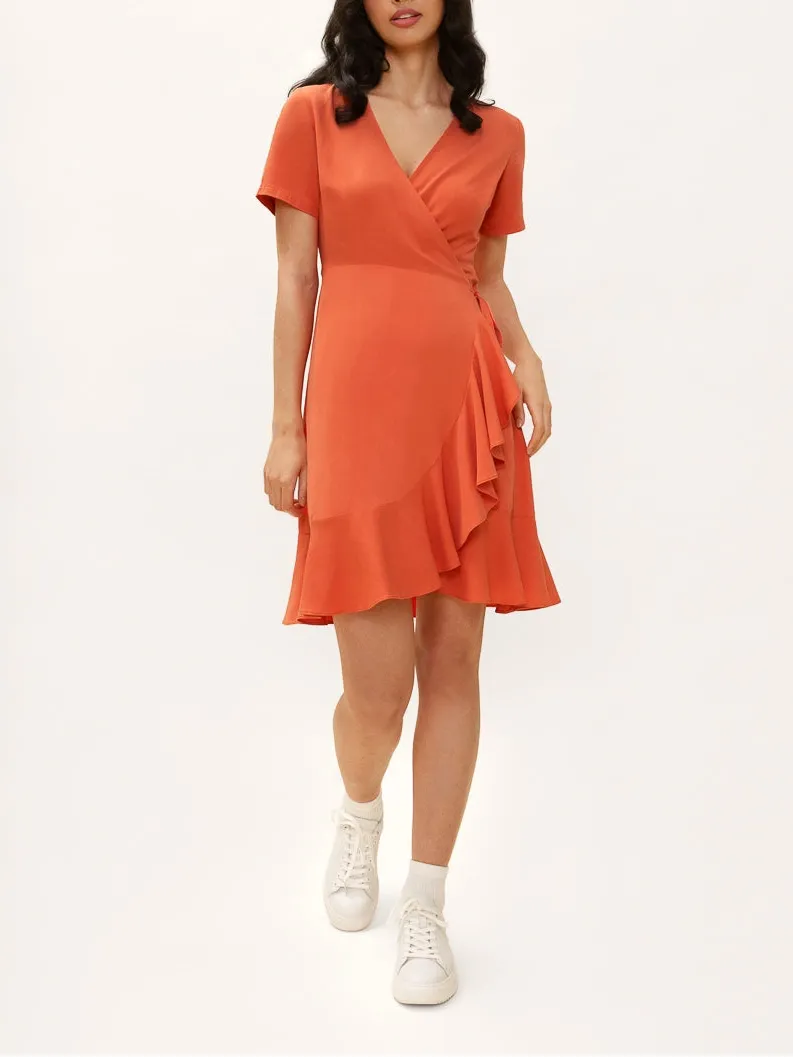 Carmen Ruffle Wrap Dress in Orange Spritz sold by From Rachel