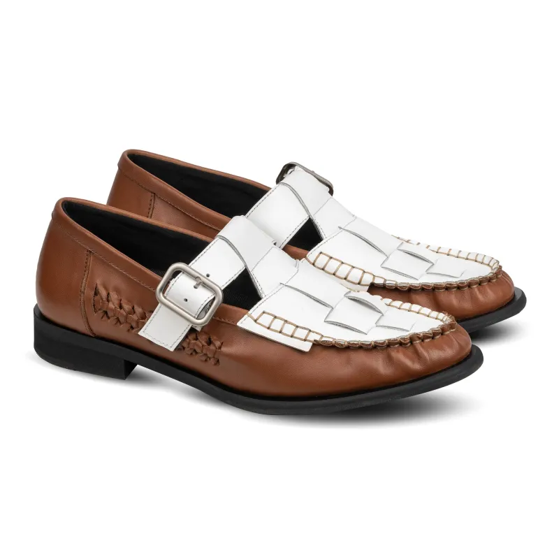 Leon T-Strap White Brown made by Nappa Milano