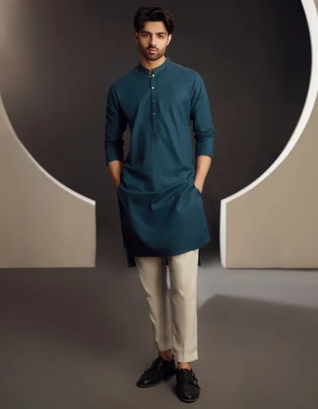 Teal Blue Cotton Kurta | JJK-CD-04-33035 sold by Junaid Jamshed