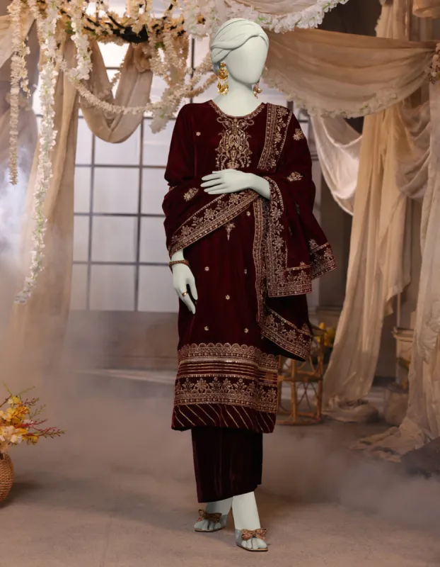 MAROON VELVET 3PC UNSTITCHED | JJLS-JWU-CD-04-1787 sold by Junaid Jamshed