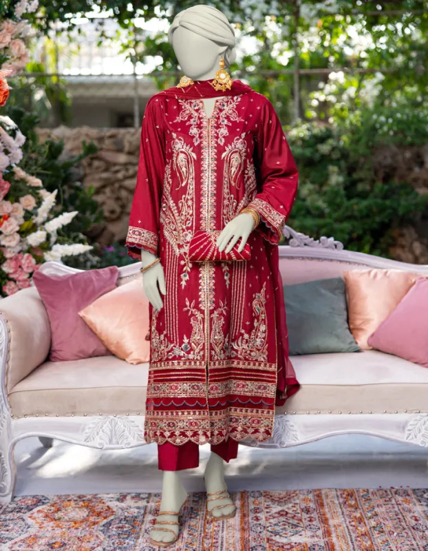Maroon Raw Silk 3Pc Stitched | JJPW-JPS-CD-04-3952 sold by Junaid Jamshed
