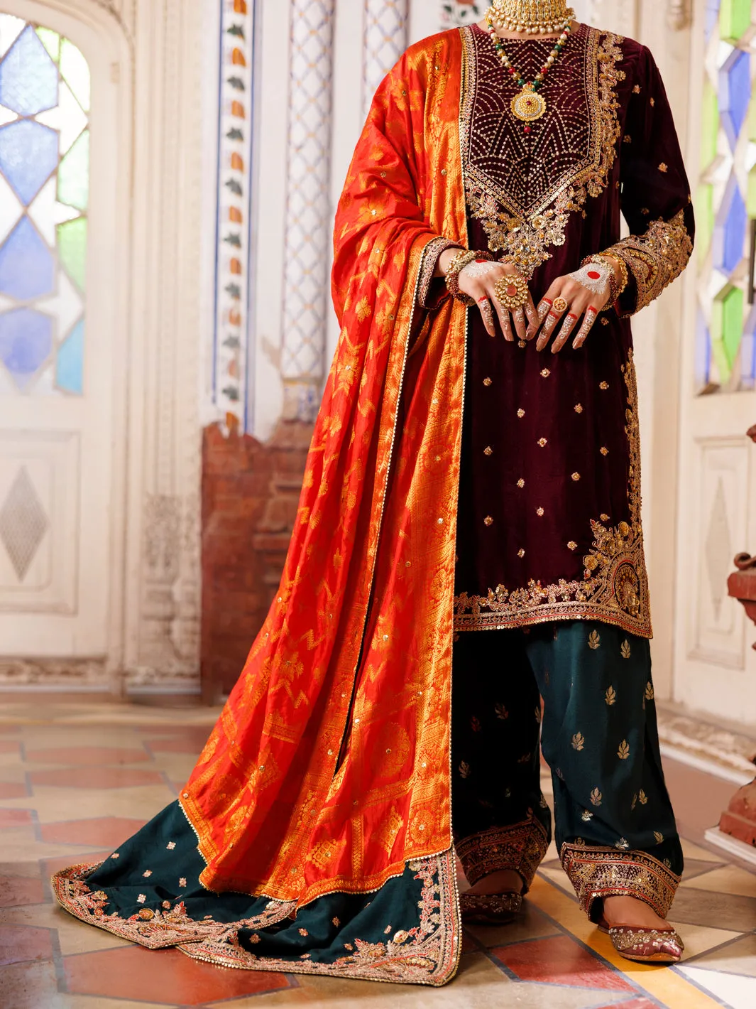 MAROON VELVET 3PC STITCHED | AL-3PS-LS-CD-04-493 sold by Junaid Jamshed