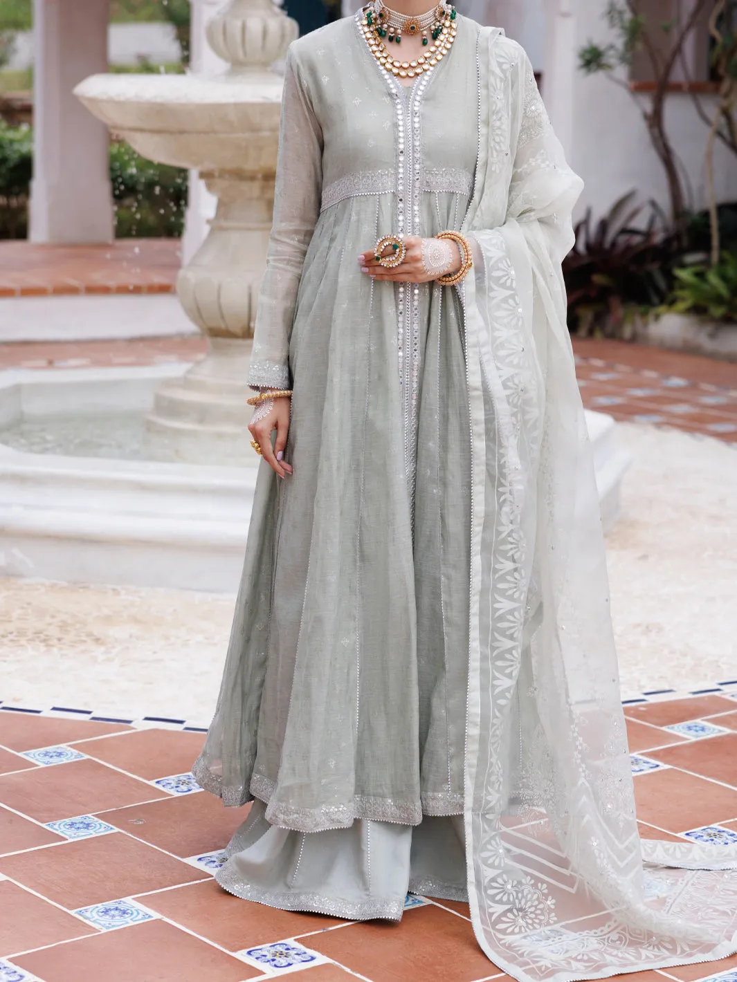 PISTACHIO GREEN MESURI NET 3PC STITCHED | AL-3PS-LS-490/AM-3012B sold by Junaid Jamshed