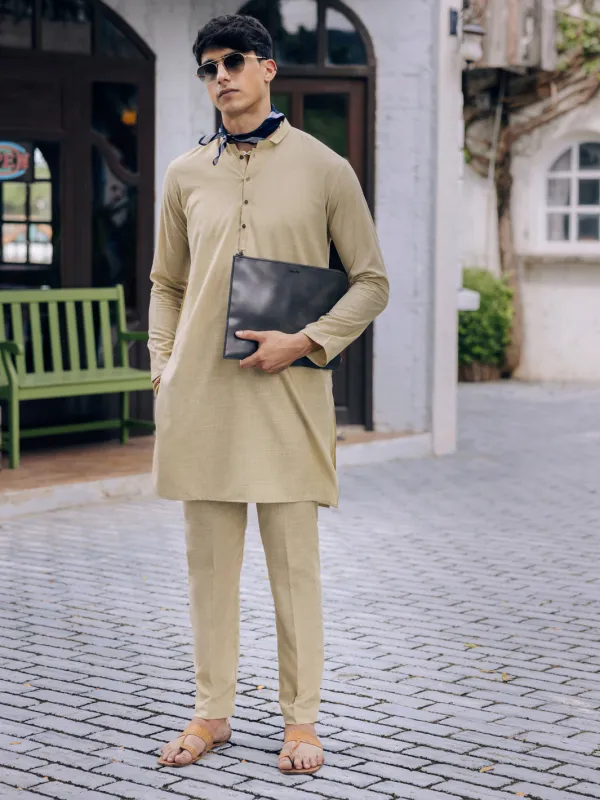 BEIGE BLENDED KURTA TROUSERS | AL-KT-3120/AM-6213B sold by Junaid Jamshed