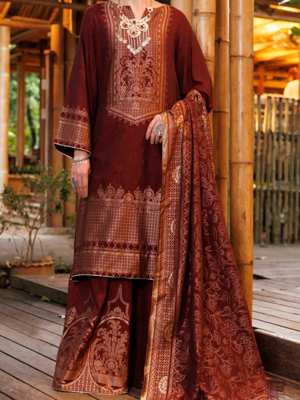 MAROON YARN DYED JACQUARD 3PC UNSTITCHED | ALP-3PS-2020 FB-2020A sold by Junaid Jamshed