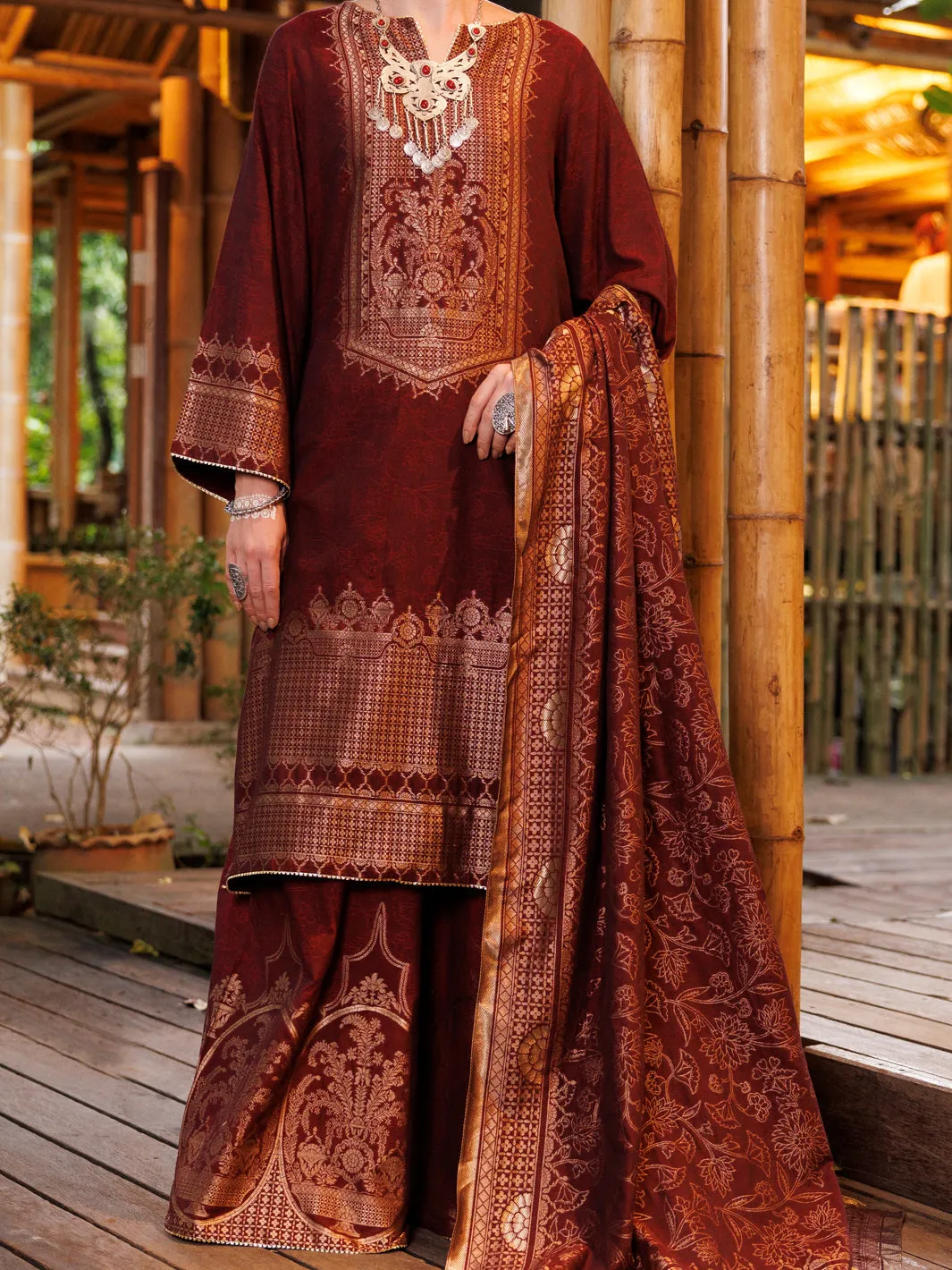 MAROON YARN DYED JACQUARD 3PC UNSTITCHED | ALP-3PS-2020 FB-2020A sold by Junaid Jamshed