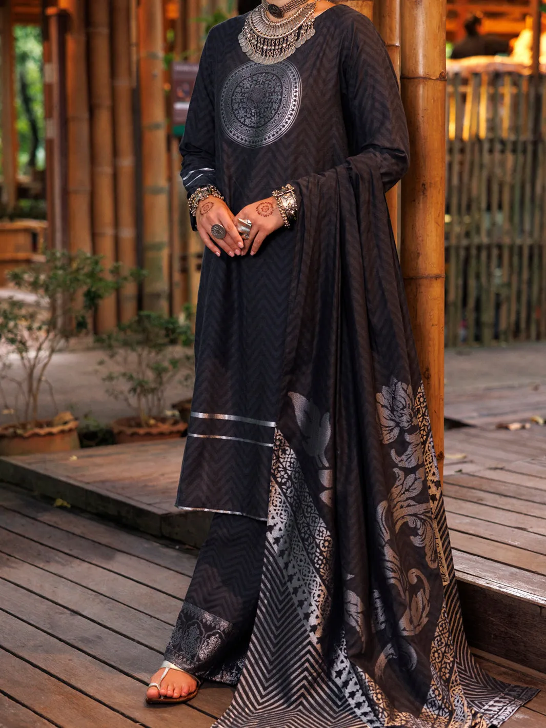 CHARCOAL GREY YARN DYED JACQUARD 3PC UNSTITCHED | ALP-3PS-2022 FB-2022A sold by Junaid Jamshed