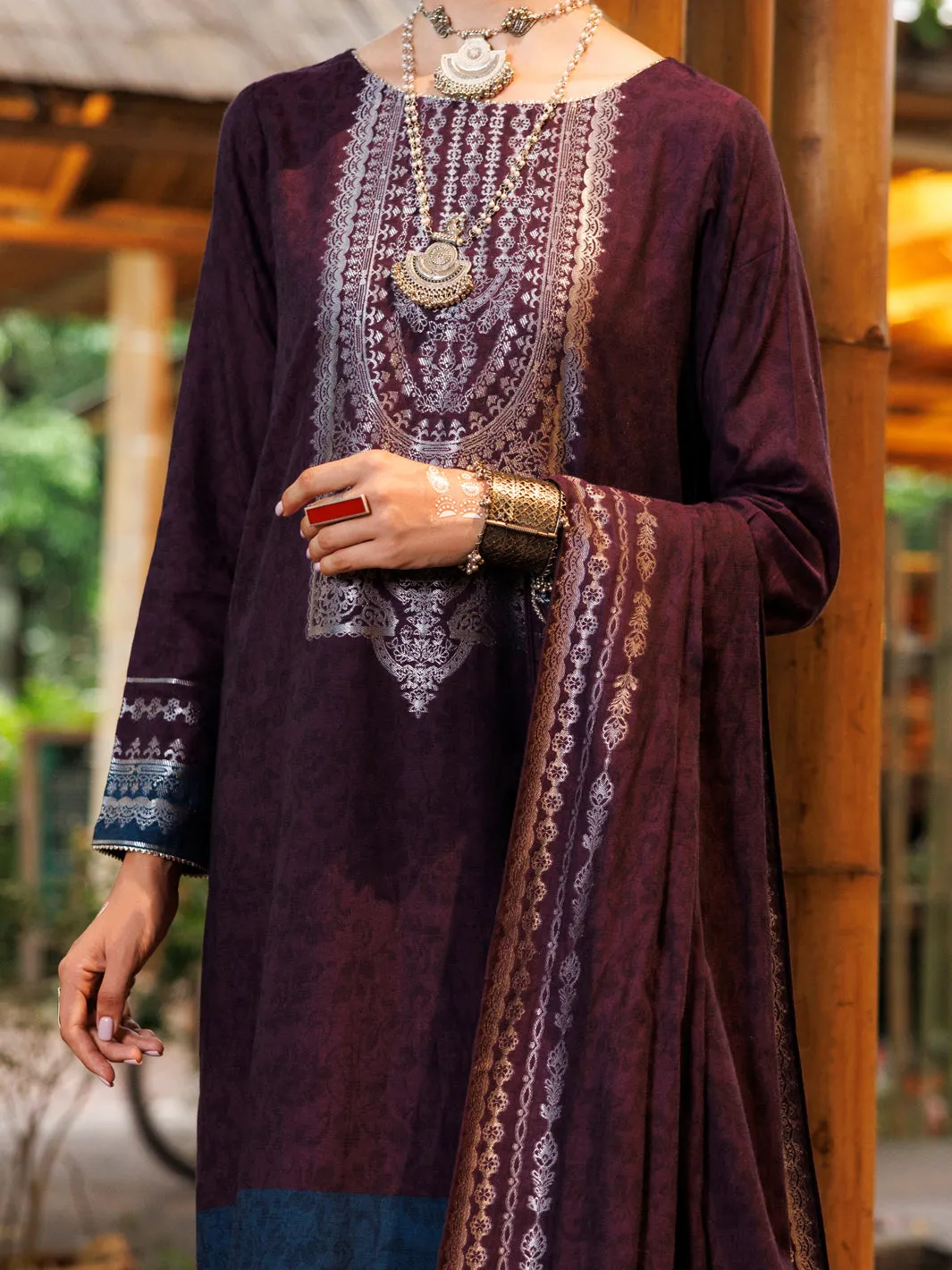PURPLE YARN DYED JACQUARD 3PC STITCHED | ALP-3PS-2024/S FB-2024A sold by Junaid Jamshed product image thumbnail 3