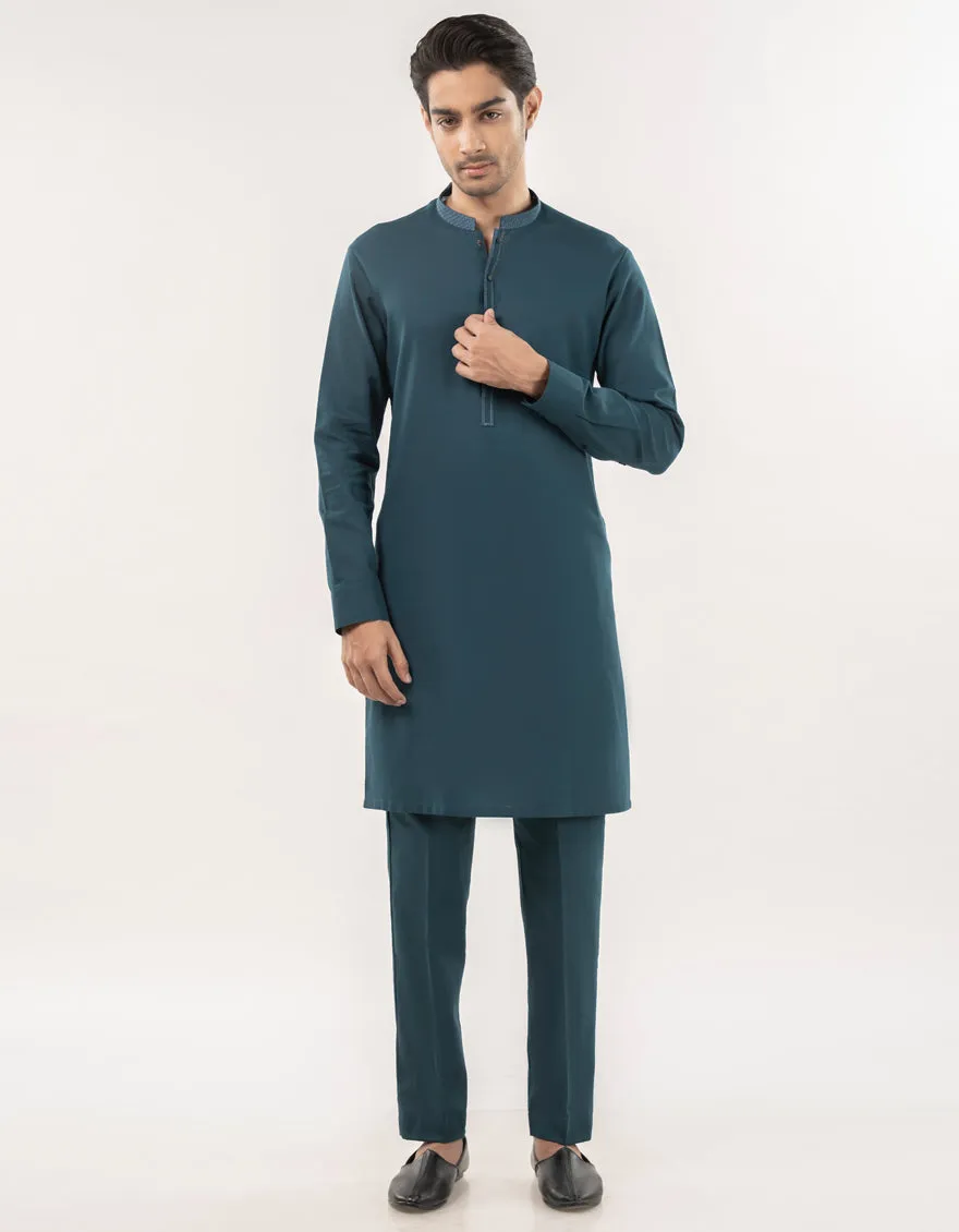 GREEN COTTON KURTA TROUSERS | JJKP-A-33177/S25/JJ9732-SF sold by Junaid Jamshed