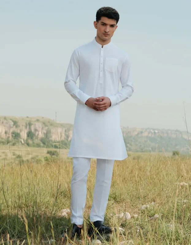 WHITE COTTON KURTA TROUSERS | JJKP-W-47364/S24/JJ9585-CL sold by Junaid Jamshed