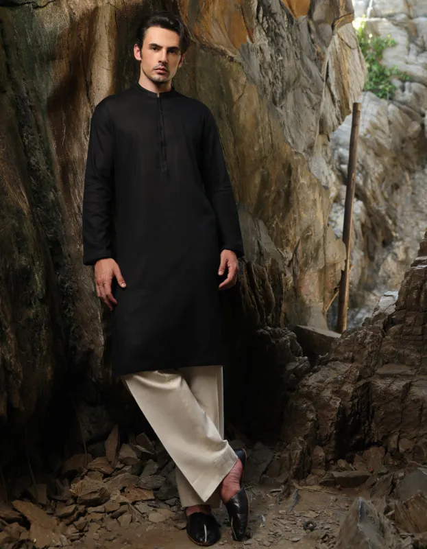 BLACK COTTON KURTA | JJK-S-46486/S25/JJ9502-SF sold by Junaid Jamshed