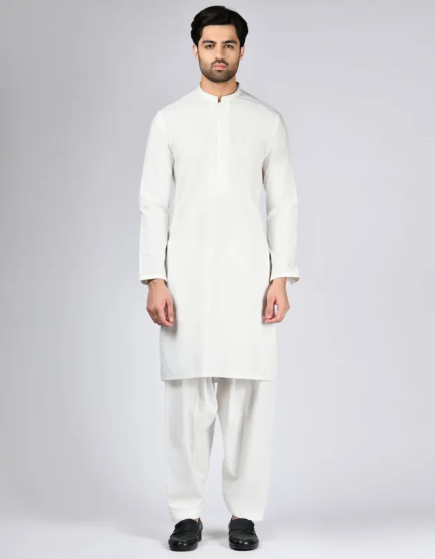 WHITE BLENDED KAMEEZ SHALWAR | JJKS-A-33047/S24/JJ9569-SF sold by Junaid Jamshed