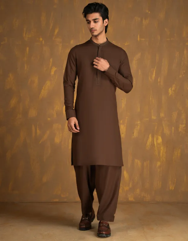 BROWN BLENDED KAMEEZ SHALWAR | JJKS-A-33089/S24/JJ8868-SF sold by Junaid Jamshed