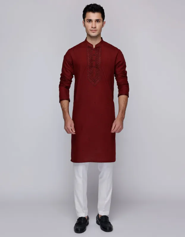 RED COTTON FORMAL KURTA | JJK-SP-A-34944/S25/JJ1001-FL sold by Junaid Jamshed