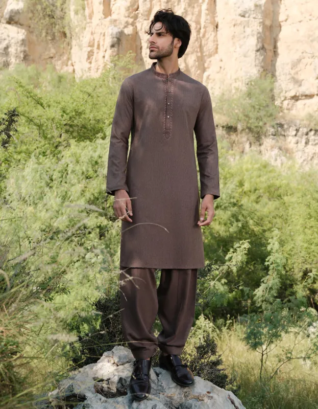 BROWN BLENDED KAMEEZ SHALWAR | JJKS-W-33046/S24/JJ9627-SF sold by Junaid Jamshed