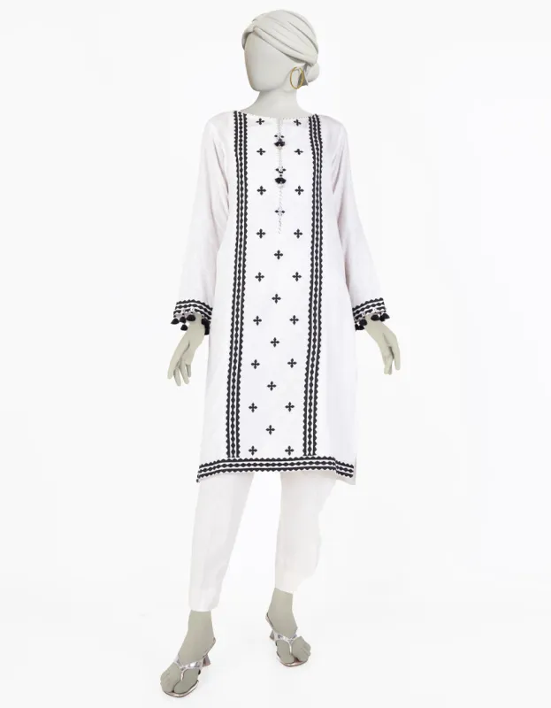 WHITE DOBBY KURTI | JJLK-S-JSS-25-337 FB/RALLI PATCH-01 sold by Junaid Jamshed