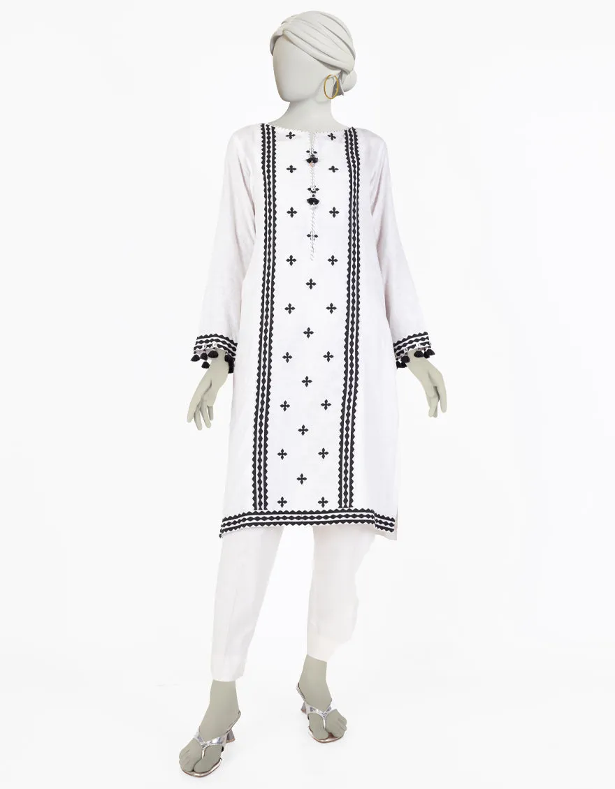 WHITE DOBBY KURTI | JJLK-S-JSS-25-337 FB/RALLI PATCH-01 sold by Junaid Jamshed