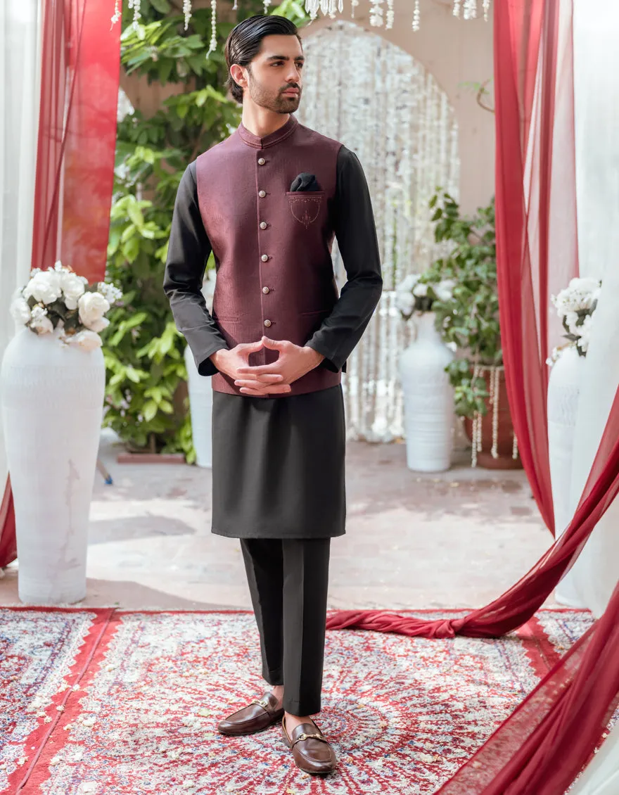 RED JAMAWAR WAISTCOAT | JJVC-A-48165/S24/JJ9384-FL sold by Junaid Jamshed