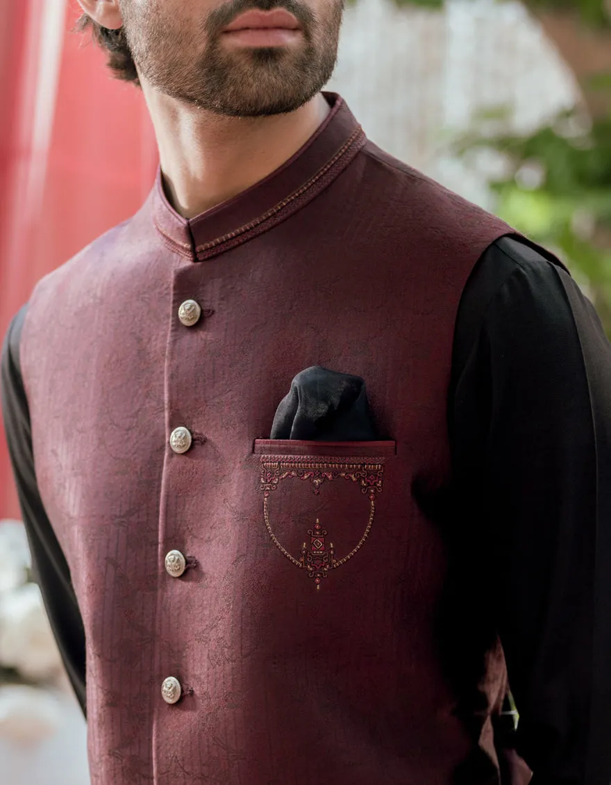 RED JAMAWAR WAISTCOAT | JJVC-A-48165/S24/JJ9384-FL sold by Junaid Jamshed product image thumbnail 3