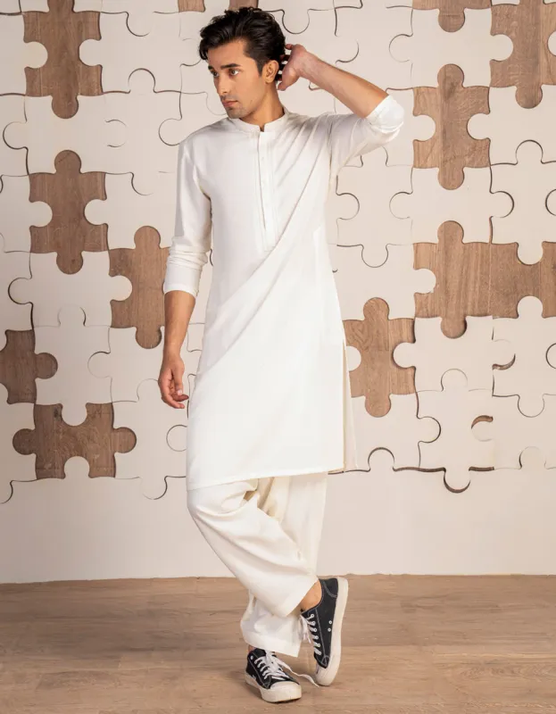 WHITE BLENDED KAMEEZ SHALWAR | JTKS-A-34897/S24/JJ9427-FL sold by Junaid Jamshed