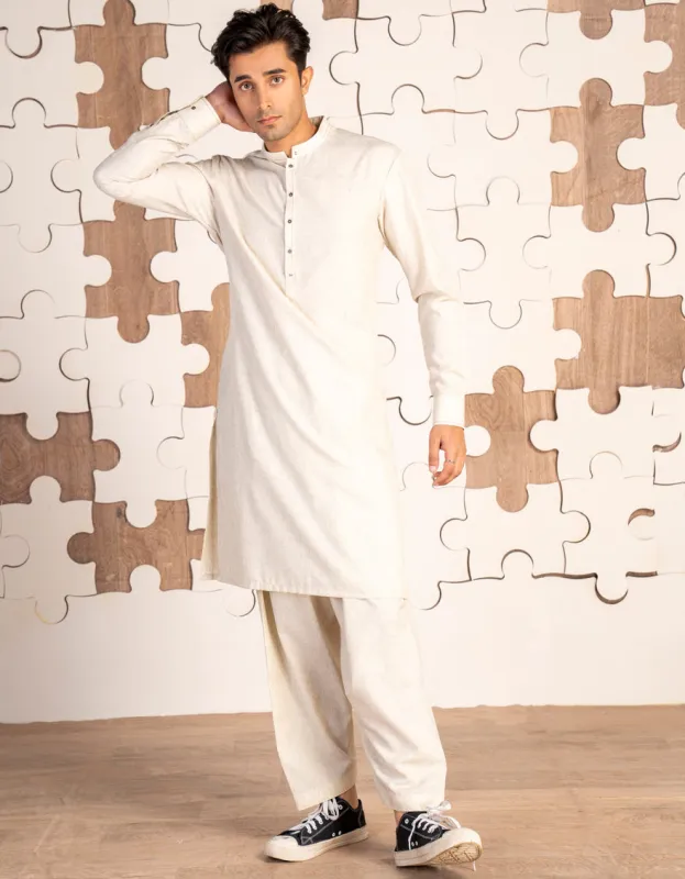 WHITE BLENDED KAMEEZ SHALWAR | JTKS-A-46478/S24/JJ9674-CL sold by Junaid Jamshed