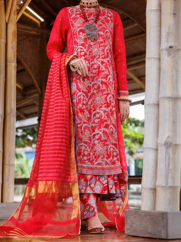 RED STRIPE ORGANZA 3PC UNSTITCHED | ALP-3PS-2025 AM-3141A sold by Junaid Jamshed
