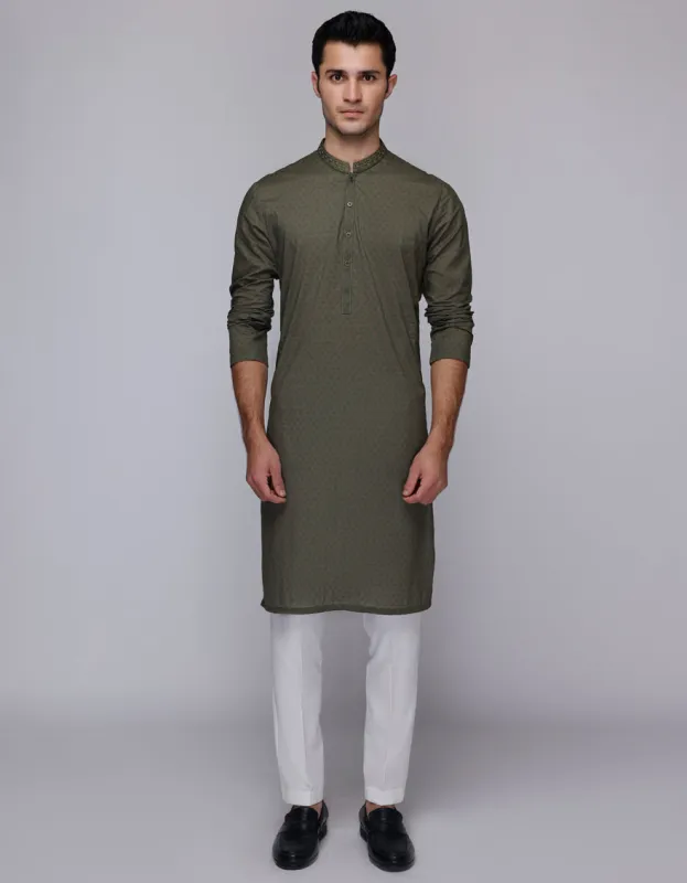 OLIVE GREEN KURTA | JJK-A-46598/S25/JJ9774-SF sold by Junaid Jamshed