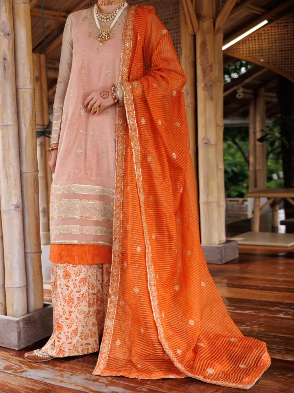 MUSTARD COTTON KHADDI NET 3PC UNSTITCHED | ALP-3PS-2028 AM-3144B sold by Junaid Jamshed