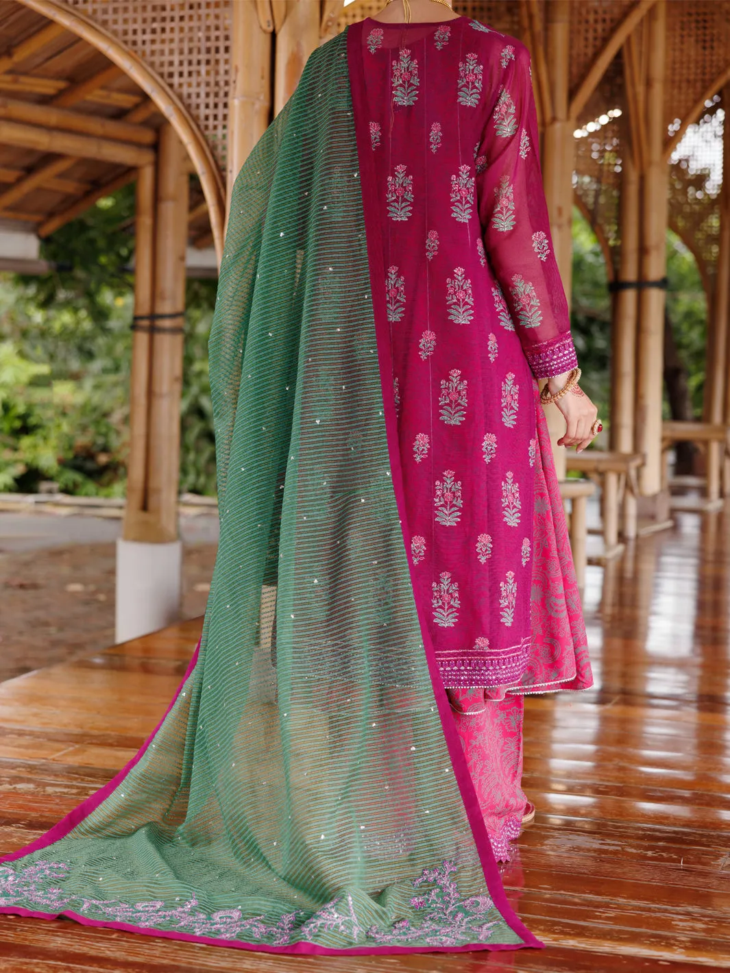 MAGENTA KHADDI NET 3PC UNSTITCHED | ALP-3PS-2027 AM-3144A sold by Junaid Jamshed product image thumbnail 2
