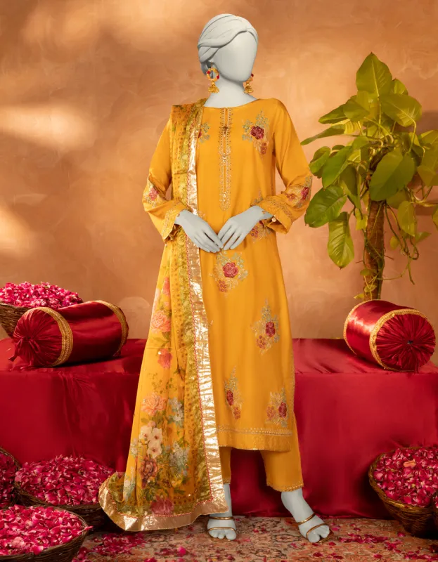 MUSTARD COTTON SILK 3PC STITCHED | JJPW-S-JPS-25-3907 FB/DANEEN-7 sold by Junaid Jamshed