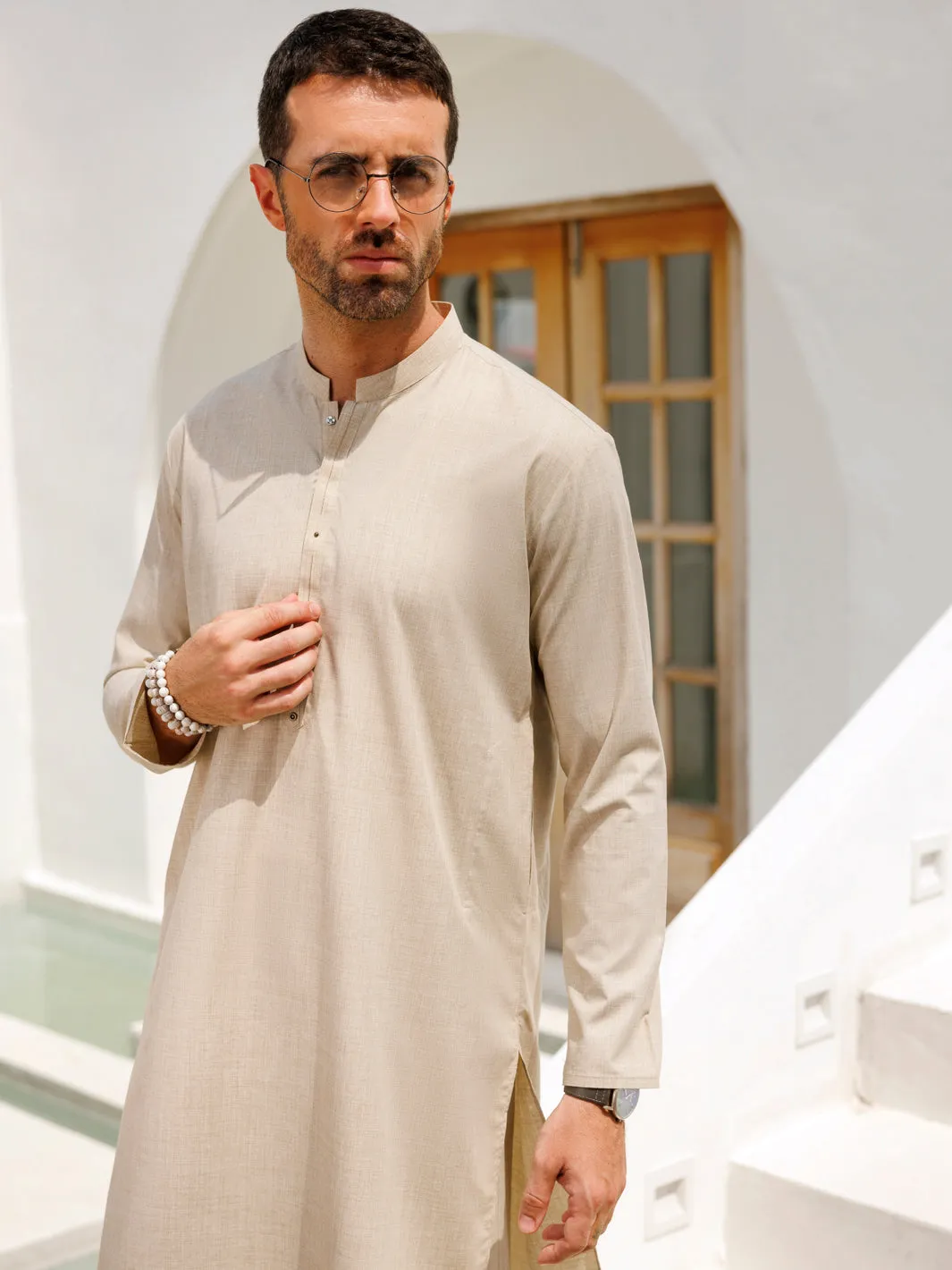 BEIGE BLENDED KURTA TROUSERS | AL-KT-3099/AM-6209A sold by Junaid Jamshed product image thumbnail 4