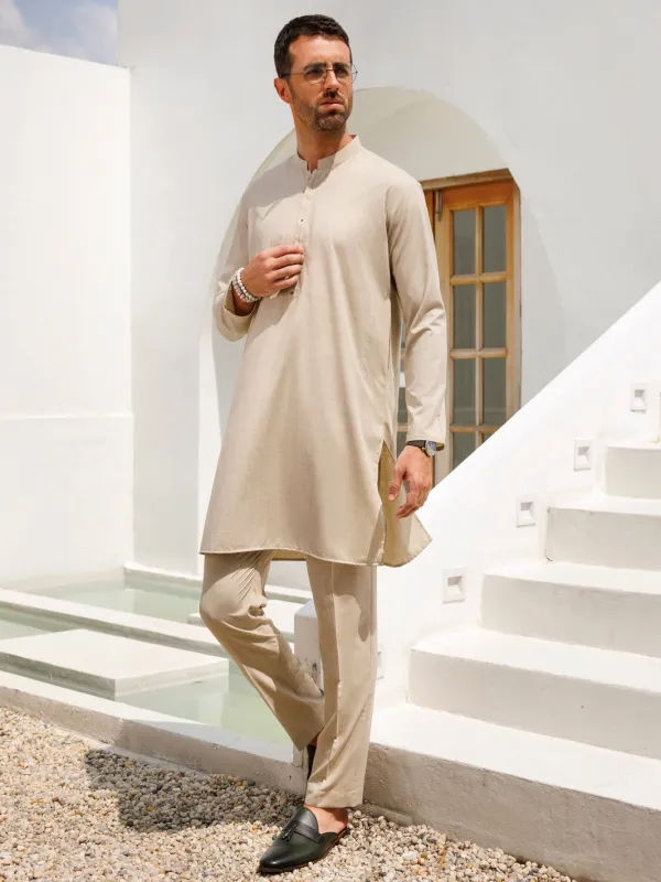 BEIGE BLENDED KURTA TROUSERS | AL-KT-3099/AM-6209A sold by Junaid Jamshed