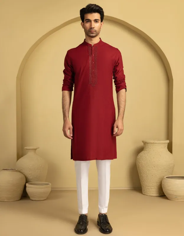 RED BLENDED KURTA | JJK-A-50096/S25/JJ9850-FL sold by Junaid Jamshed