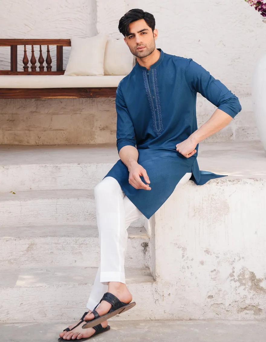 BLUE BLENDED KURTA | JJK-A-50098/S25/JJ9850-FL sold by Junaid Jamshed product image thumbnail 4