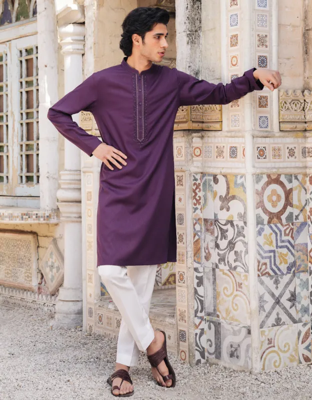 PURPLE BLENDED KURTA | JJK-A-50097/S25/JJ9850-FL sold by Junaid Jamshed