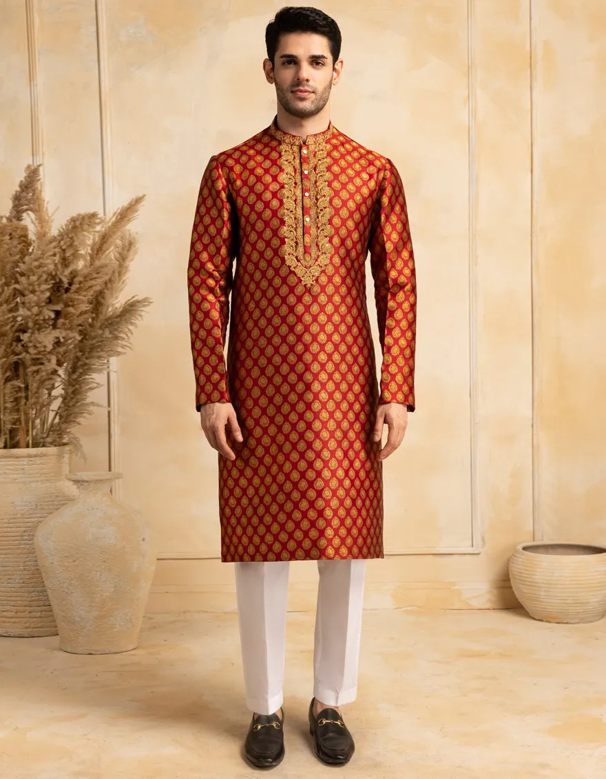 RED SPECIAL BLENDED KURTA | JJK-SP-A-48219/S25/JJ10013-FL sold by Junaid Jamshed product image thumbnail 4